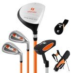 Tangkula Junior Golf Club Set for Children Right Hand, Includes #3 Fairway Wood & #7/#9 Irons, Putter, Head Cover & Rain Hood, Golf Stand Bag, Perfect for Children, Kids
