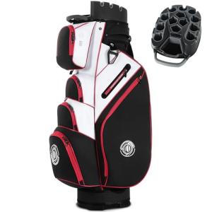 Shopsource Golf Bag, 14 Way Top Golf Cart Bag with Full-Length Dividers, Cart Golf Bag for Men Women, Golf Club Bags with Ergonomic Padded Strap, Zippered Pockets, Rain Hood Black Red and White