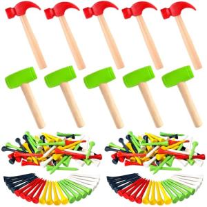 AIHSUMC 10 Pcs Kids Wooden Hammer Toy with 100 Pcs Colorful Wood Golf Tees, Small Plastic Hammer Simulation Hammers Educational Toys for Children Gift Birthday Party (Red and Green)