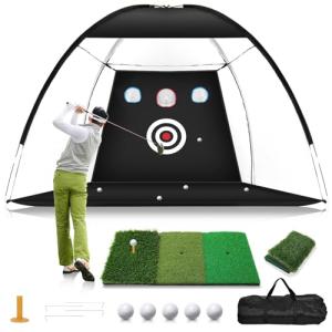 Golf Net, 10x7FT Home Golf Hitting Aids Equipment with Foldable Tri-Turf Mat for Backyard Driving Chipping Swing with Training Target/Balls/Tee for Outdoor Indoor, Gifts for Men Him Dad Boys Golfers
