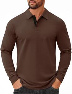 COOFANDY Men's Cotton Polo T-Shirts Long Sleeve Vintage Golf T-Shirts Business Casual Shirts Contrast Collar Tee Brown