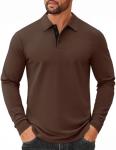 COOFANDY Men's Cotton Polo T-Shirts Long Sleeve Vintage Golf T-Shirts Business Casual Shirts Contrast Collar Tee Brown