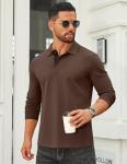 COOFANDY Men's Cotton Polo T-Shirts Long Sleeve Vintage Golf T-Shirts Business Casual Shirts Contrast Collar Tee Brown