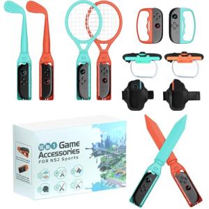 Sports Accessories Bundle, 18 in 1 Family Pack for Nintendo Switch 2 (2025) – Golf Clubs, Tennis Rackets, Sword Grips, Bowling Ball Grips, Wrist & Leg Straps for Sports Games