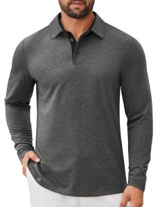COOFANDY Men's Long Sleeve Polo Shirts V Neck Tops Vacation Button Golf Tees Athletic Business Tshirts Dark Grey