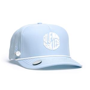 BRIMZ Golf Performance Hat - Breathable Sweat & Water Resistant Golfing Snapback Cap with Tee Holder & Magnetic Brim - Double Sided Ball Marker & Tee Included (Golf More, Work Less - Baby Blue)
