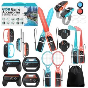 Switch 2 Sports Accessories, Wodbymat 25 in 1 Sports Bundle for Nintendo Switch 2 with 2 Tennis accessories 2 Grip Handle 2 Steering Wheels 2 Bowling ball grip 2 Sword accessory Shared 2 grip 2 Golf accessories 2 Binding tape 2 Wrist strap 2 Lanyard times 2 Lanyard grip 2 Rocker cap 1 Storage bag