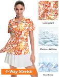 LOMON Golf Shirt for Women Casual Short Sleeve T-Shirts Half Zip Collared Moisture Wicking Tennis Polo Shirt Pleated (Orange Leaf,Medium)