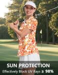 LOMON Golf Shirt for Women Casual Short Sleeve T-Shirts Half Zip Collared Moisture Wicking Tennis Polo Shirt Pleated (Orange Leaf,Medium)