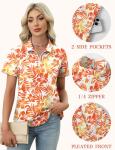 LOMON Golf Shirt for Women Casual Short Sleeve T-Shirts Half Zip Collared Moisture Wicking Tennis Polo Shirt Pleated (Orange Leaf,Medium)