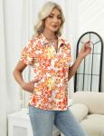 LOMON Golf Shirt for Women Casual Short Sleeve T-Shirts Half Zip Collared Moisture Wicking Tennis Polo Shirt Pleated (Orange Leaf,Medium)