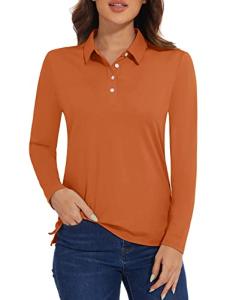MAGCOMSEN Golf Polo Shirts for Women Long Sleeve Rash Guard Tees Quick Dry Running Sports Stretch T-Shirts with Buttons Dark Orange,L