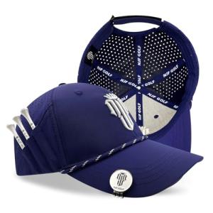 NJF Golf™ Hats Men – Breathable Golf Caps for Men with Tee Holder & Clip-On Magnetic Ball Marker, Lightweight Adjustable Rope Mens Cap, Snapback Mens Caps, Moisture-Wicking Golfing Gear, Navy Blue