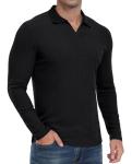 Askdeer Men's Muscle Polo Shirts V Neck Slim Fit Ribbed T Shirt Long Sleeve Golf Collar Shirt Knit Casual Tee Black