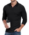 Askdeer Men's Muscle Polo Shirts V Neck Slim Fit Ribbed T Shirt Long Sleeve Golf Collar Shirt Knit Casual Tee Black