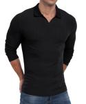 Askdeer Men's Muscle Polo Shirts V Neck Slim Fit Ribbed T Shirt Long Sleeve Golf Collar Shirt Knit Casual Tee Black