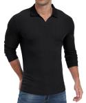Askdeer Men's Muscle Polo Shirts V Neck Slim Fit Ribbed T Shirt Long Sleeve Golf Collar Shirt Knit Casual Tee Black