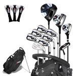 PGM Men's Complete Golf Club Sets - 11 Pieces - 2 Wood (#1,3), 1 Hybrid (#4H), 7 Irons(#5,6,7,8,9,PW,SW), 1 Putter - Golf Stand Bag, Right Handed - Ideal for Beginners