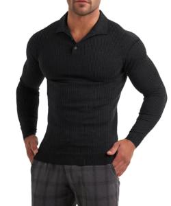 Muscle Cmdr Men's Slim Fit Muscle Polo Shirts Long&Short Sleeve Stretch Quick Dry Tee Casual Golf Athletic T-Shirts (Black M)