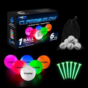 KINGTOP Classic Glow in The Dark Golf Balls with 10-Minute Reset Timer, Super Bright Light Up LED Golf Balls - with Glowing Tees and Storage Bag - Novelty Night Golfing Gift for Men and Women