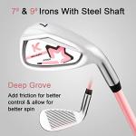 KVV Junior Complete Golf Club Set for Kids/Children Right Hand, 5-7 Years Old 4-Piece Set Includes 4# Hybrid, 7# & 9# Irons, Putter, Head Cover and Portable Golf Stand Bag(Pink 5-7)