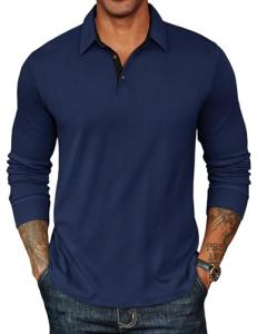COOFANDY Mens Long Sleeve Polo Shirts Classic Casual Button Polo Tee Lightweight Collared Golf Shirt Navy Blue