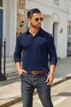 COOFANDY Mens Long Sleeve Polo Shirts Classic Casual Button Polo Tee Lightweight Collared Golf Shirt Navy Blue