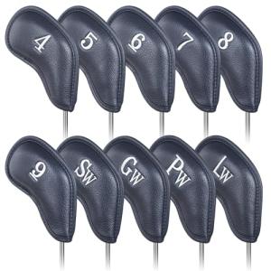 Craftsman Golf Magnetic Closure Classic Blue Leather Iron Headcover Head Covers Set 10pcs with Silver No. on Both Sides (A: Blue with Silver No.)