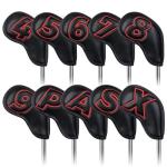 Craftsman Golf 10pcs Red No. on Both Sides Magnetic Closure Classic Black Leather Iron Headcover Covers Set Travel Cases Protector Available Custom with Name