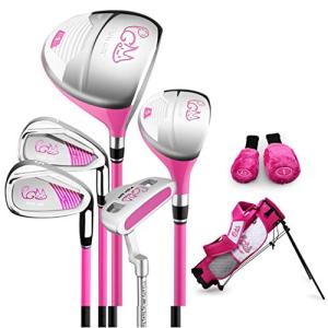 PGM Junior Golf Club Complete Set for Children Kids, 6-8 Age Groups 5 Golf Clubs with Stand Bag and 2 Headcovers for Boys & Girls, Right Hand, Pink