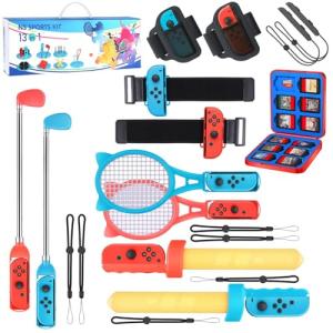 Switch Sports Accessories Bundle - 12 in 1 Family Pack with Tennis Rackets, Adjustable Golf Clubs, Chambara Swords, Soccer Leg Straps, Wrist Band, Joycon Strap for Nintendo Switch & OLED