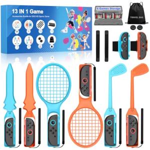 Switch 2 Sports Accessories 13 in 1 Bundle for Nintendo Switch 2, Family Sports Party Pack Accessories Kit with Golf Clubs, Tennis Rackets, Chambara Swords, Soccer Leg Straps, Wrist Band