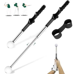 KALAUTO Golf Swing Trainer with Golf Swing Band- Retractable Golf Swing Training Aid Click Club Indoor Practice Warm Up Stick Flexible Telescopic Tempo Trainer (Black-Right Hand)