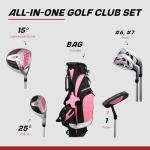 Precise XD-J Kids Golf Clubs Set – Boys’ & Girls’ Junior Golf Set with Lightweight Graphite Shafts, Hybrid, Putter & Stand Bag - Pink Ages 9-12 – Right-Handed