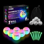 KINGTOP RainbowFlash Glow in The Dark Golf Balls - Multicolor Flashing LED Golf Ball Light up Backyard Putting Green, 10-Minute Reset Timer - with Glow Tees and Organizer Bag for Night Golfing