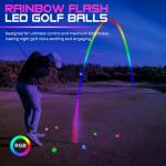 KINGTOP RainbowFlash Glow in The Dark Golf Balls - Multicolor Flashing LED Golf Ball Light up Backyard Putting Green, 10-Minute Reset Timer - with Glow Tees and Organizer Bag for Night Golfing