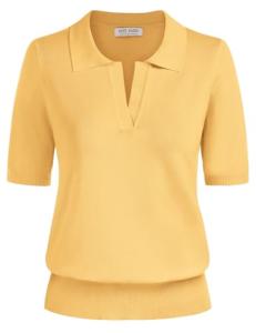 Kate Kasin Women Summer Knitted Polo Tee Shirt Casual Short Sleeve Ribbed Hem Sweater Tops Golf Sweater Tops Yellow L