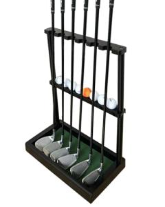 GACCO BILLIARDS Golf Club Holder Stand, Wooden Golf Putter Stand Floor Display Rack, Golf Club Organizer Hold up to 6 Clubs and Ball Storage, Putter Rack for Indoor Club Simulator or Office (Black)