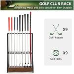 Xnwouco Golf Putter Stand for 9 Clubs & 9 Balls, Solid Wood & Iron Golf Club Rack, Golf Club Organizer Floor Stand, Golf Club Holder | Rustic Modern Design for Home, Office, Golf Course Accessories