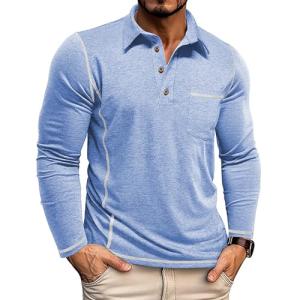 Mens Fashion Polo Shirts Classic Long Sleeve Basic Button Tees Stylish Tops Golf Shirts with Pocket Blue Plues Size