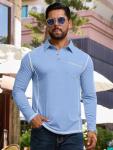 Mens Fashion Polo Shirts Classic Long Sleeve Basic Button Tees Stylish Tops Golf Shirts with Pocket Blue Plues Size