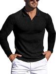 Gnvviwl Men's Muscle V Neck Polo Shirts Slim Fit Long Sleeve Cotton Golf T-Shirts Ribbed Knit Soft Tees Z-Black