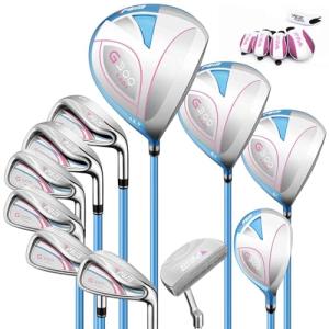 PGM 17 Pcs Women's Golf Club Set with Graphite Shaft for Right Handed Includes 4 Titanium Woods(#1,3,5,4H), 6 Irons(#6,7,8,9,PW,SW), and Putter, Random Golf Stand Bag and Headcover