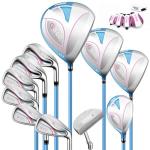 PGM 17 Pcs Women's Golf Club Set with Graphite Shaft for Right Handed Includes 4 Titanium Woods(#1,3,5,4H), 6 Irons(#6,7,8,9,PW,SW), and Putter, Random Golf Stand Bag and Headcover