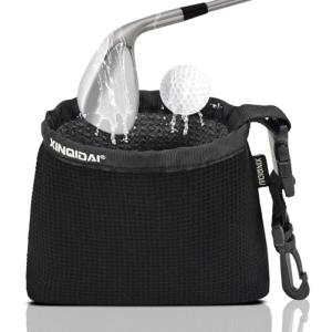 XINQIDAI Golf Club and Golf Ball Cleaning Bag - Cleans Club Grooves, Golf Bag Accessories,Waterproof Clean Face Tech, Detachable Clip, Machine Washable,Golfer Gifts for Men(1-Pack,BLACK)
