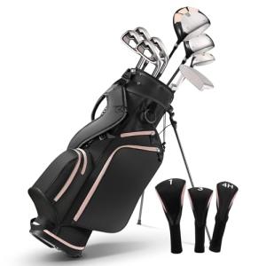 BODIOO Golf Clubs Set for Women 8 pcs, Ladies Complete Golf Club Set with Steel Shafts, Driver Fairway Wood Hybrid Irons Putter, Lightweight Deluxe Stand Bag & 3 Bonus Headcovers, Pink