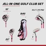 Precise X7 Kids Golf Clubs Set – Boys’ & Girls’ Junior Golf Set with Lightweight Graphite Shafts, Hybrid, Putter & Stand Bag - Pink Ages 9-12 – Left-Handed