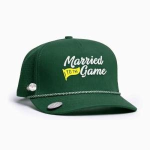 BRIMZ Golf Performance Hat - Breathable Sweat & Water Resistant Golfing Snapback Cap with Tee Holder & Magnetic Brim - Double Sided Ball Marker & Tee Included (Married to The Game - Green)