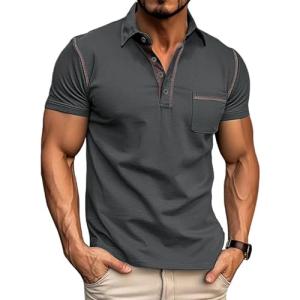Men's Fashion Polo Shirts Classic Short Sleeve Lightweight Button Cotton T-Shirt Casual Golf Tee Tops with Pocket
