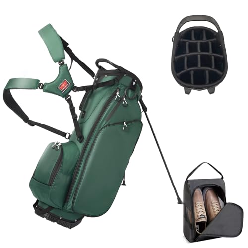 Golf Stand Bag 14 Way,Lightweight Golf Bags Full-Length Dividers,7 Zippered Pockets and Rain Cover,Durable Golf Bags for Men Women Green, Free Shoe Bag
